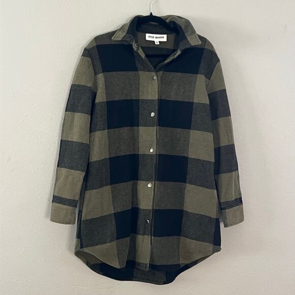 Steve Madden Women’s Plaid Long Shacket Jacket Coat Olive Green Black Size M - Picture 2 of 6